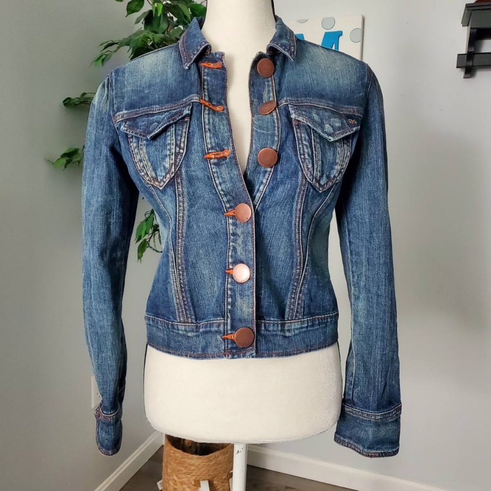 DKNY Blue Denim Jean Jacket with Brown Buttons